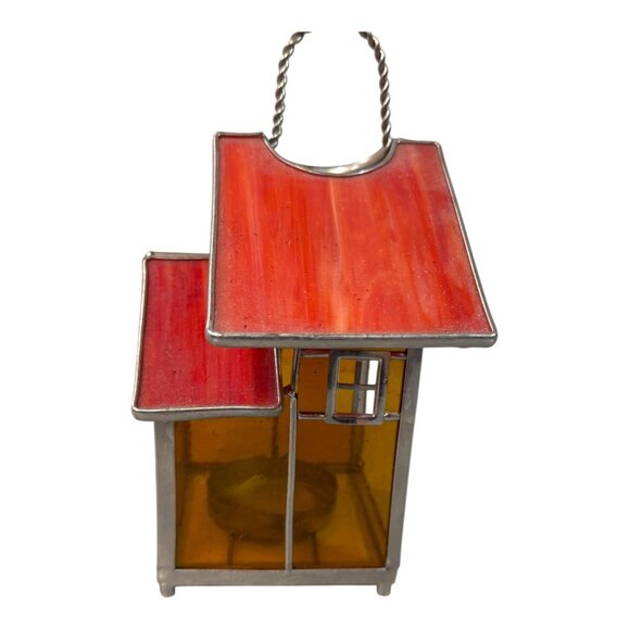 Slag stained glass leaded Lantern Bird House Tea light Candleholder, Red and Amb - Picture 7 of 8